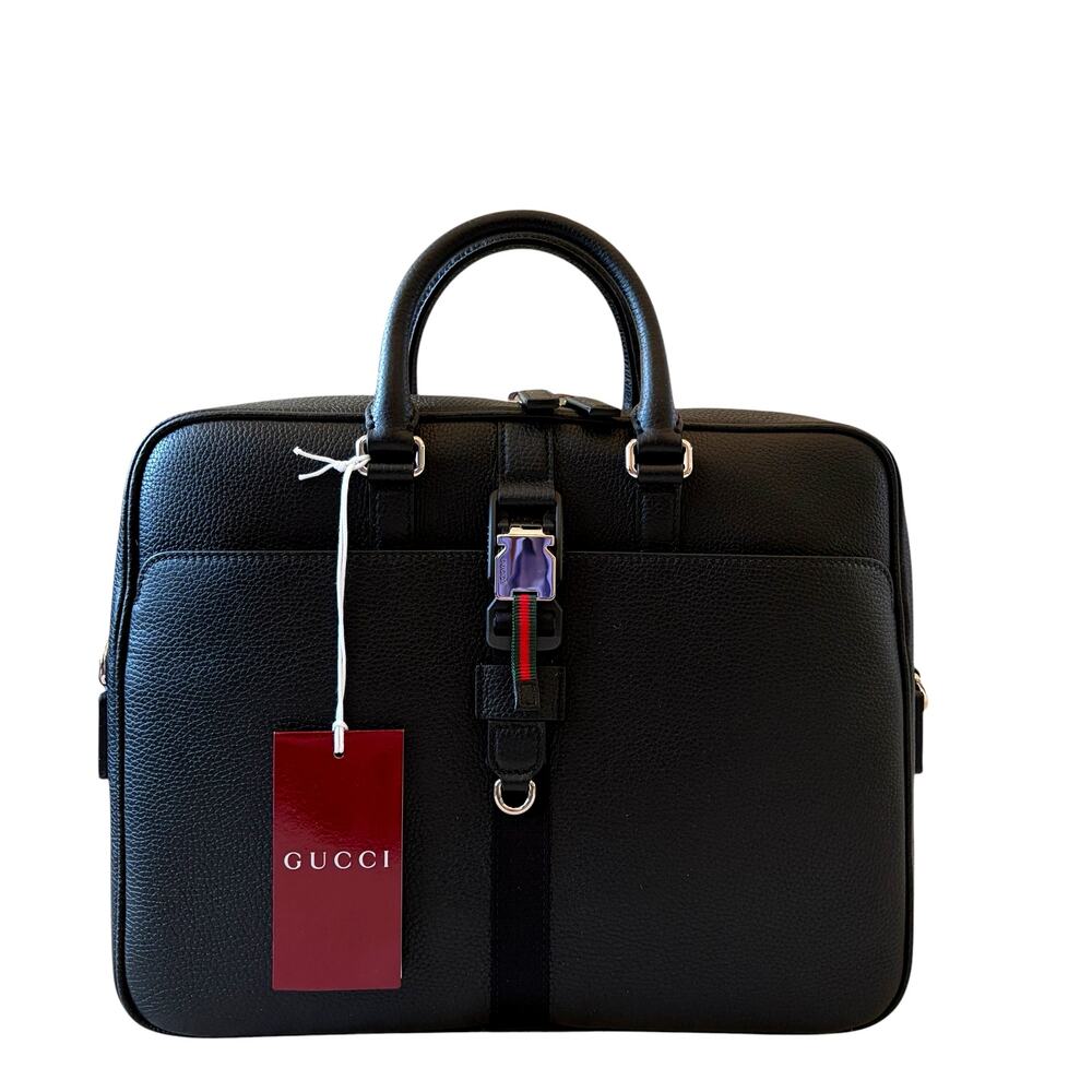 Gucci Medium Briefcase with Web Men's Black Full Grain Leather 816757 NWT